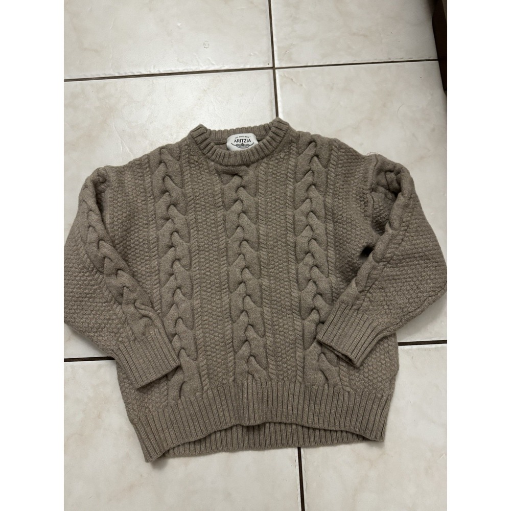 Aritzia Heritage Knit Women's S 100% Merino Wool Cable Knit Sweater Taupe Brown